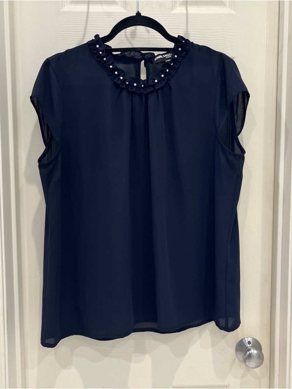 Karl Lagerfeld Navy Pearl-Embellished Ruffle Neck Blouse // L